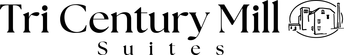 Logo for Tri Century Mill Suites with stylized text and an illustration of buildings inside a circular frame on the right.